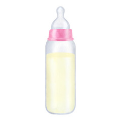 Pink bottle, silicone nipple. Milk infant formula. Newborn girl. Hand drawn watercolor illustration isolated on white background. Gender reveal party, baby shower