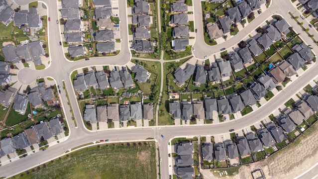 Aerial view of new suburban community in the city of Calgary in Alberta.