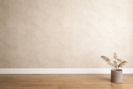 Blank beige brown wall in house with dry plant in wooden basket pot, baseboard on wooden parquet in sunlight for luxury interior design decoration, home appliance product background.3D Rendering