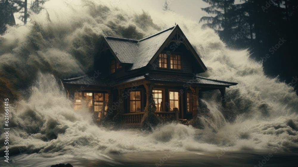 Aufkleber a house in the middle of a large wave. generative ai image.