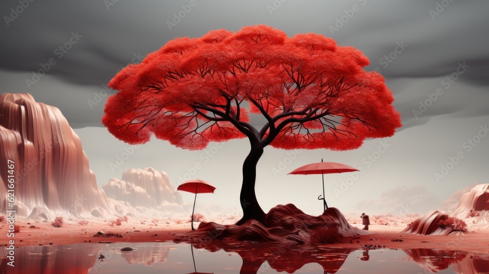 Poster a red tree with two umbrellas in the water. generative ai image.