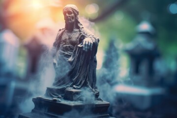 A ghostly apparition emerging from a tombstone in a graveyard, with mist swirling around, evoking a sense of supernatural mystery for a Halloween event. Generative Ai