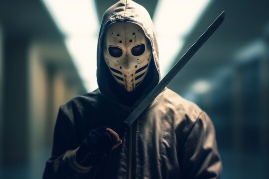 A masked killer with a menacing expression, wielding a sharp weapon, standing in a dimly lit corridor, amplifying the suspense and fear for a horror-themed event. Generative Ai
