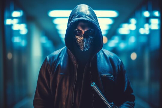 A masked killer with a menacing expression, wielding a sharp weapon, standing in a dimly lit corridor, amplifying the suspense and fear for a horror-themed event. Generative Ai