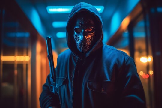 A masked killer with a menacing expression, wielding a sharp weapon, standing in a dimly lit corridor, amplifying the suspense and fear for a horror-themed event. Generative Ai