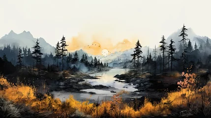 Wall murals Forest in fog AI-generated illustration of a misty morning mountain landscape. MidJourney.