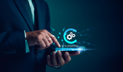 Operating system update concept, download and installation application and software update process, modernize user equipment, update modern functions, developer released new version improved security.