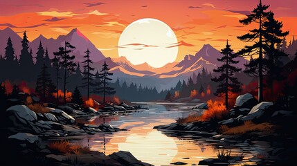 AI-generated illustration of an orange and purple sunrise or sunset at a mountain lake. MidJourney.