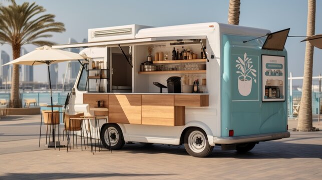 A blue and white food truck parked next to a beach. Generative AI image.