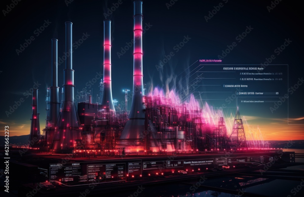 Poster a factory with a lot of smoke coming out of it. generative ai image.