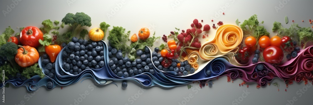 Poster a group of fruits and vegetables are arranged in a row. generative ai image.