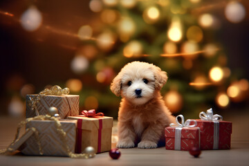 Cute Puppy Sitting with Presents for Christmas, Ai Generated