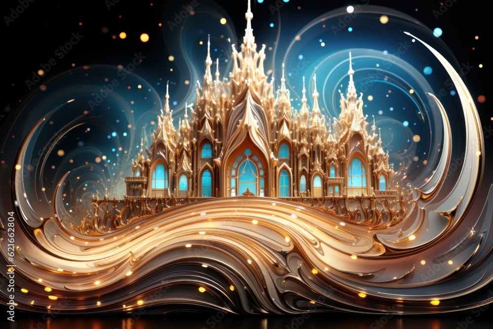 Poster a castle in the middle of a wave of gold. generative ai image.