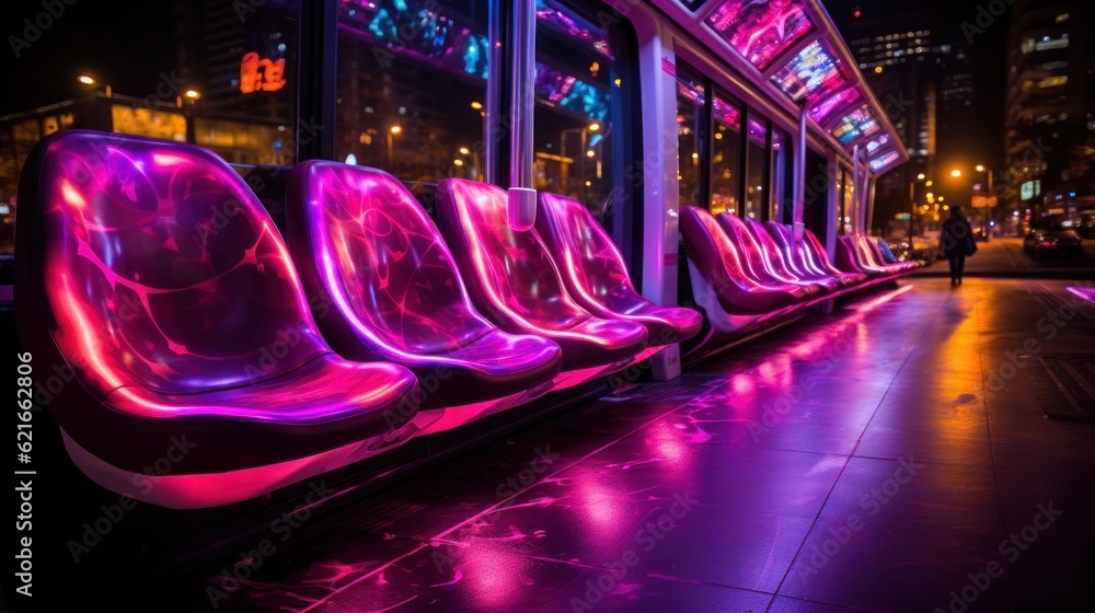 Poster a row of purple seats sitting next to a window. generative ai image.