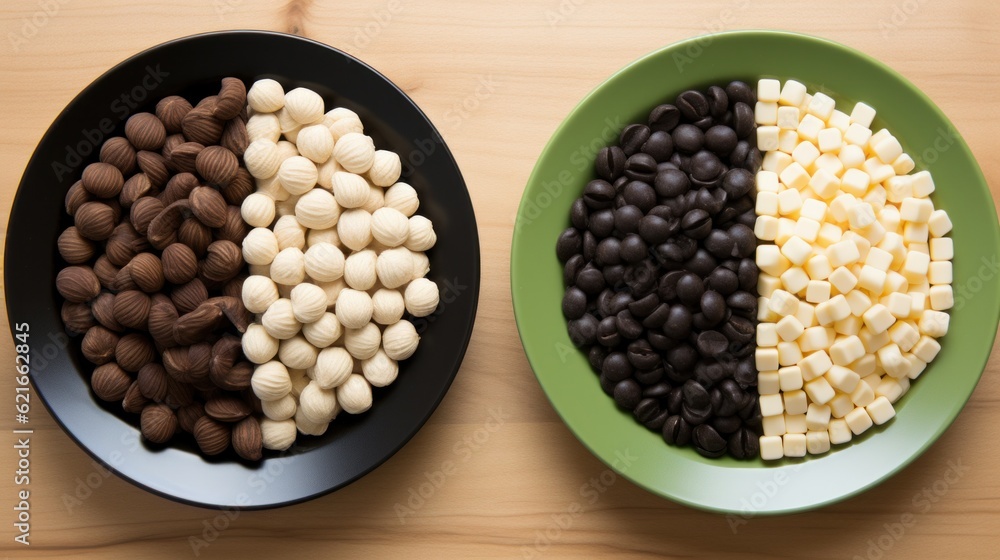 Poster a couple of bowls filled with different types of chocolate. generative ai image.