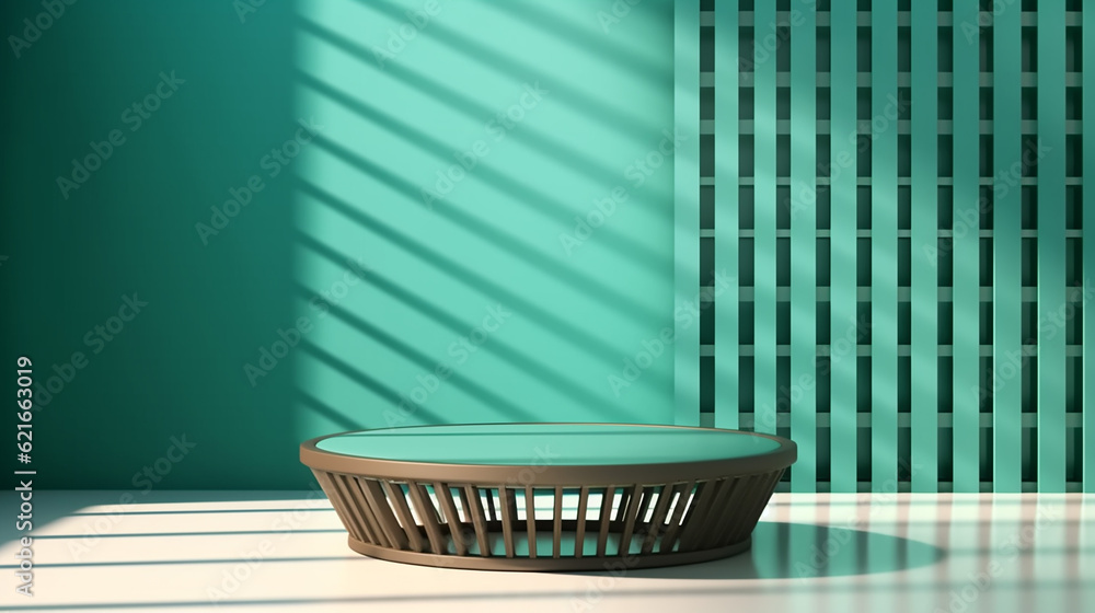 Poster minimal modern emerald green round table in window grilles shadow. minimal stone stand for branding 