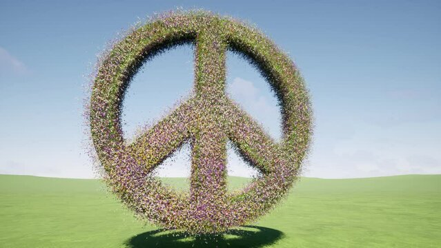 Peace sign made of flowers on a green field