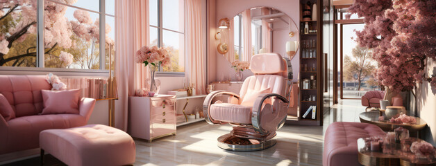 cosy contemporary luxury interior design of a relaxing lounge or beauty salon chair as modern home or hair dresser mockup wide banners - Generative AI