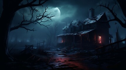 A creepy haunted house with a weathered, vintage look for Halloween and other spooky occasions. an abandoned house, eerie whispers, and a sense of impending doom created with generative ai