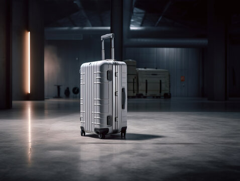 Travel luggage with a modern and sophisticated design. Exclusive travel bag with leather and white metal details. Luxury expensive suitcase for travel. Generative AI