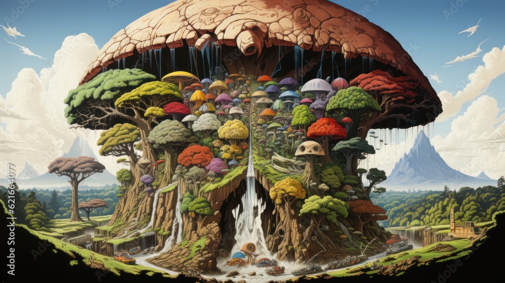 Poster a painting of a mushroom in the middle of a forest. generative ai image.