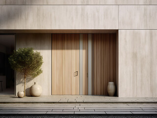 Expensive architectural residential entrance door of modern and sophisticated design. Extra wide and tall front door with white ash wood tones. Realistic 3D illustration. Generative AI