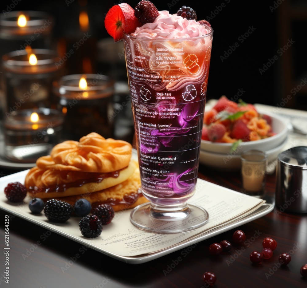 Aufkleber a table with a plate of waffles and a drink. generative ai image.