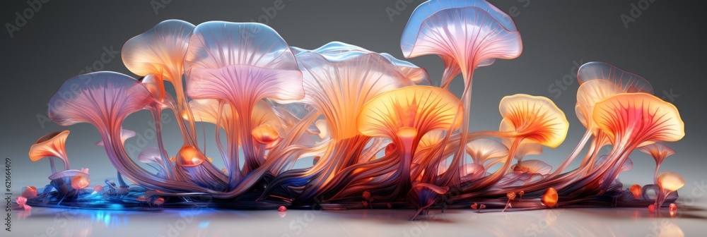 Poster a close up of a bunch of mushrooms on a table. generative ai image.