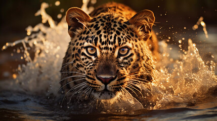 Majestic Predator: Dramatic Close-up of a Leopard in Water, created with Generative AI Technology