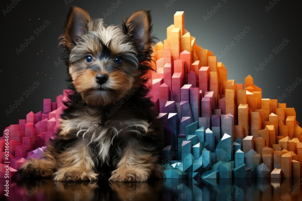 Poster a small dog sitting in front of a colorful pyramid. generative ai image.
