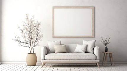 Mockup Frame Single Offset in Neutral Farmhouse Style Living Room Sofa