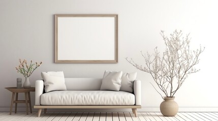 Mockup Frame Single Centered in Neutral Farmhouse Style Living Room Sofa