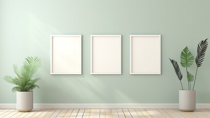 Mockup Frame Triple Centered in Pastel Green Wall Plants