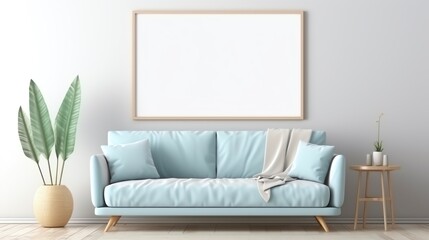 Mockup Frame Single Centered in Pastel Blue Living Room Sofa