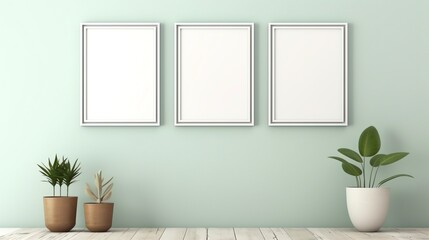 Mockup Frame Triple Centered in Pastel Green Wall