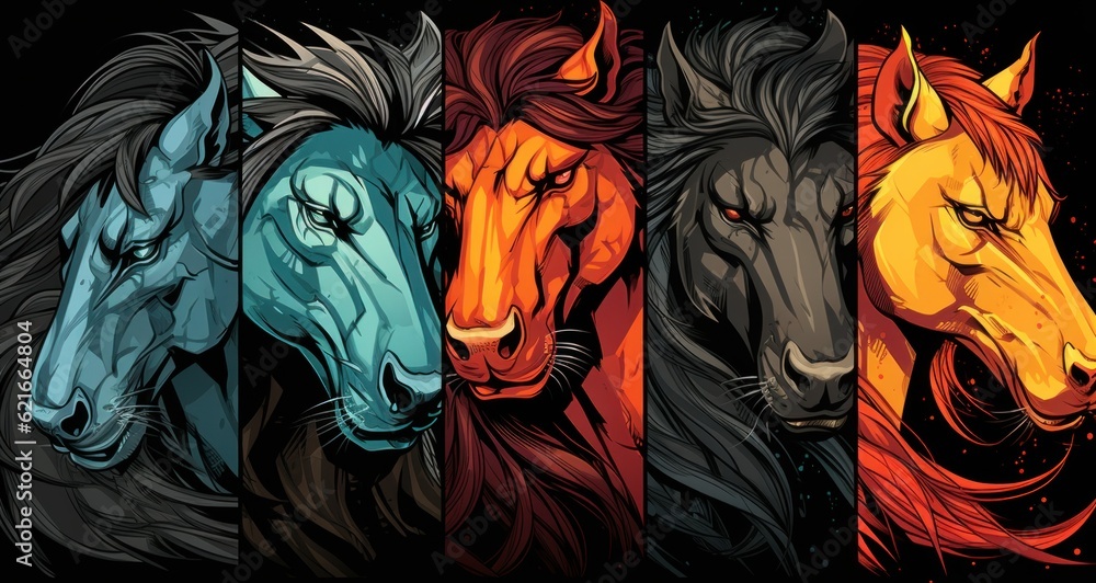 Poster a group of horses standing next to each other. generative ai image.