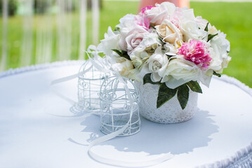 Romantic wedding bouquet outdoors in the garden holiday date banquet