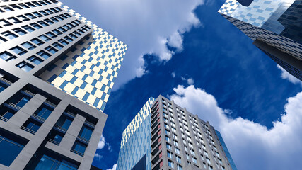 Fototapeta na wymiar 3D render of modern glass building skyscrapers over blue cloudy sky