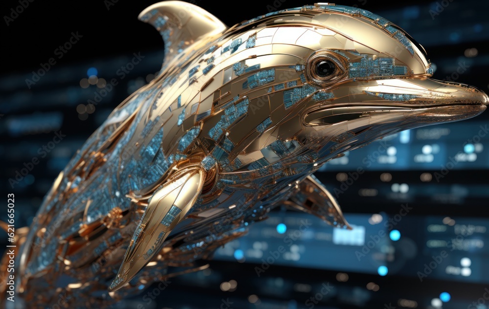 Poster a shiny dolphin statue in front of a cityscape. generative ai image.