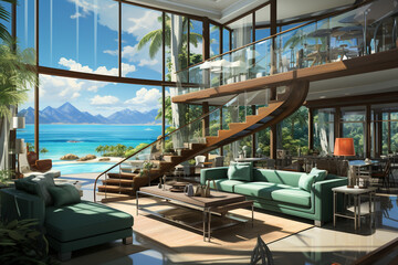 Fototapeta na wymiar Illustration of modern interior. Living room or hall with large windows and a lot of light. tropical climate Digital painting. Generative Ai content.