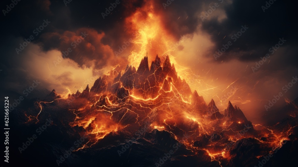 Poster a mountain covered in lava and lava with lightning coming out of it. generative ai image.