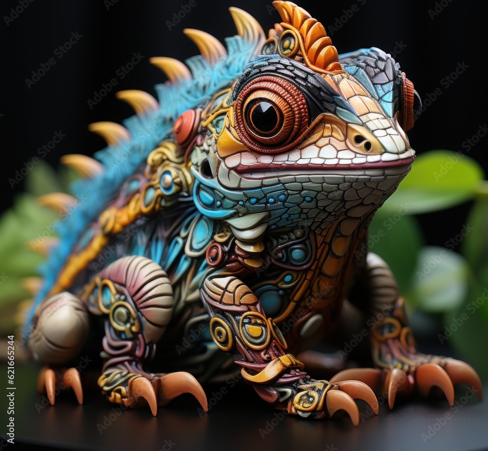 Poster a colorful sculpture of a lizard sitting on a table. generative ai image.