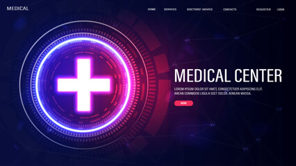 Neon medical cross with luminous frame in pink and blue. Web banner on the topic of smart medicine with text.