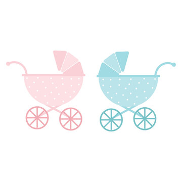 Baby stroller for boy and girl. Children pram icon. Newborn carriage. Vector illustration.