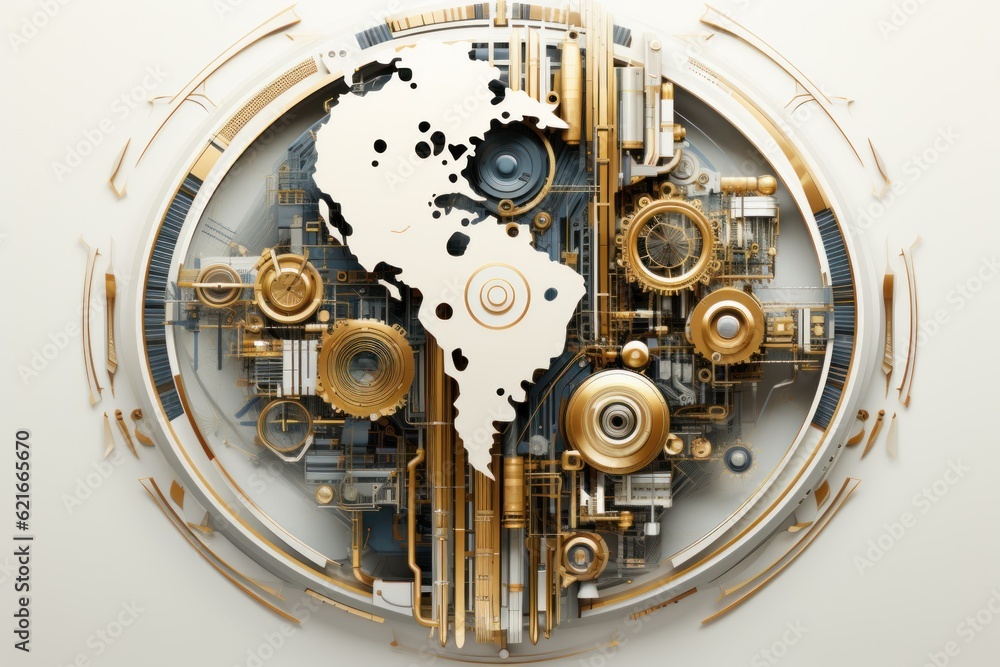 Poster a clock with a map of the world inside of it. generative ai image.