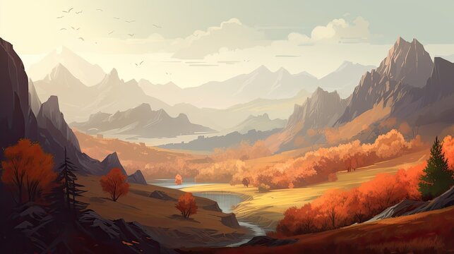 Autumn valley background illustration image, graphic recourse, backdrop artwork, website banner, background landscape, AI