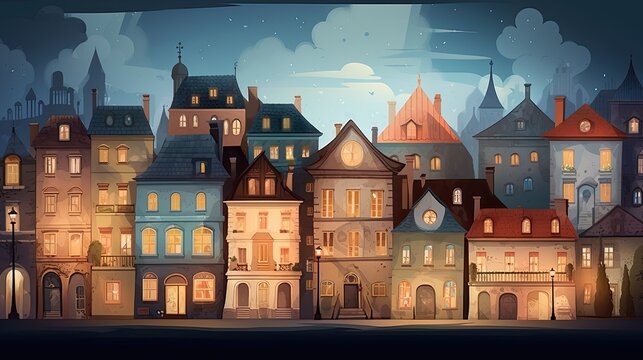 Tiny town row of houses, background illustration image, graphic recourse, backdrop artwork, website banner, background landscape, AI