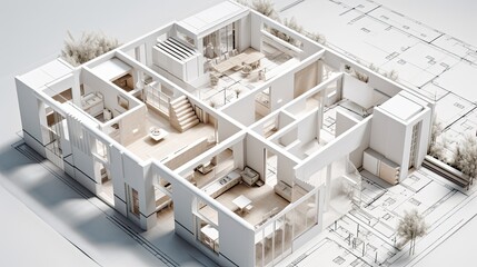 Cad 3d rendering of a house on the computer, mockup of house design in 3d, cad drafting in revit or autocad, AI