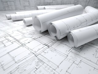 Cad drawings, roll of plans printed from AutoCAD or Revit, a house plan on paper, AI