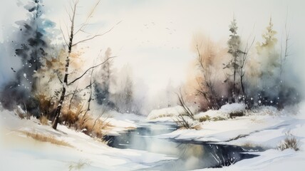 Obraz na płótnie Canvas Watercolor of winter lake, snow covered forest and river illustration, landscape painting, AI